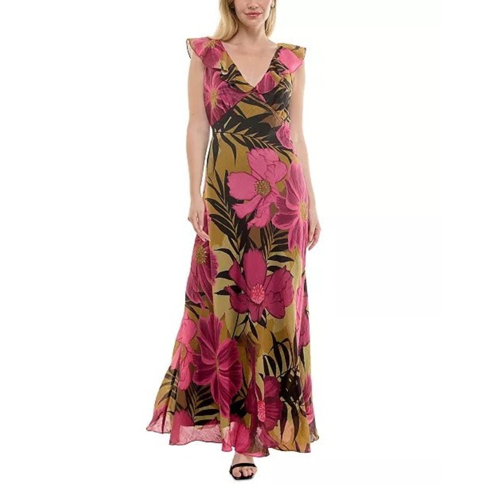 Taylor Womens Floral Maxi Dress Pink Yellow Tropical V-Neck Ruffle Gown 18W NWT